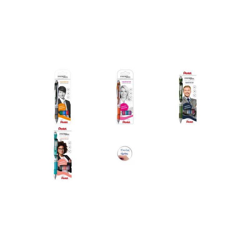 Verpackung für Pentel-Stifte; vier Stile: EnerGel Einziehbar, Gel-Roller Revital und Mechanischer Bleistift Hybrid mit Komfortgriff.