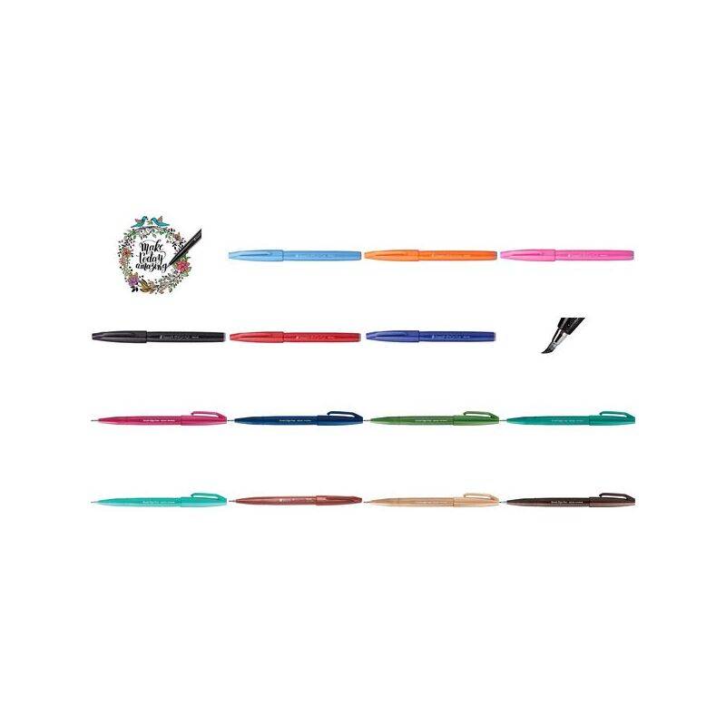 Ein Set von 12 bunten Stiften, in Reihen angeordnet, jeder in einer anderen Farbe, mit aufgesetzten Stiftkappen. Eine kleine dekorative Blumenornamentik befindet sich oben links.