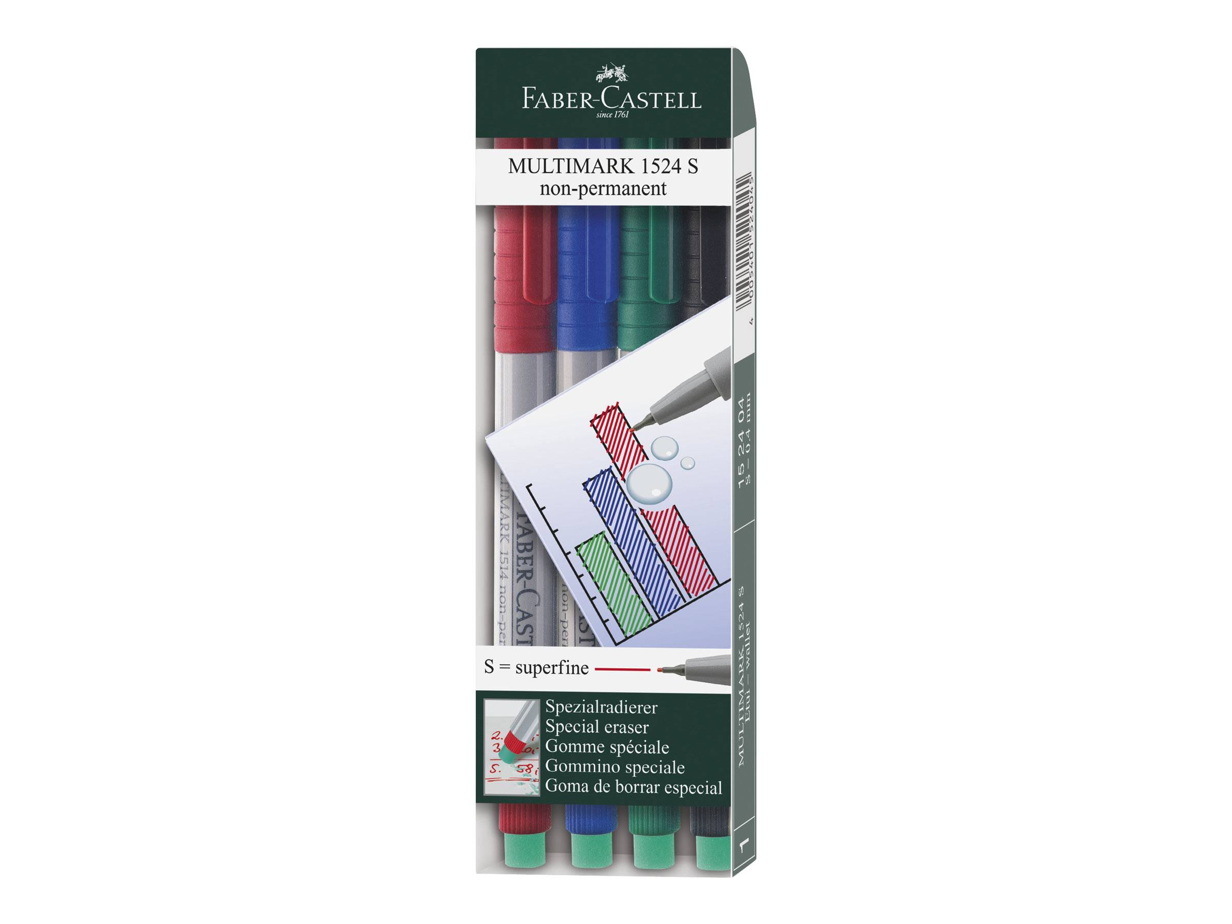 FABER-CASTELL MULTIMARK 1524 - Marker - nicht dauerhaft - 0.4 mm - extrafein - mit Radierer (Packung mit 4)