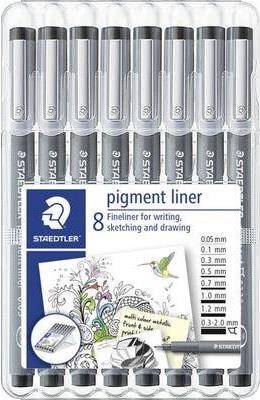 STAEDTLER Pigmentliner, schwarz, 8er Etui lange Metallspitze ideal für Lineale und Schablonen,