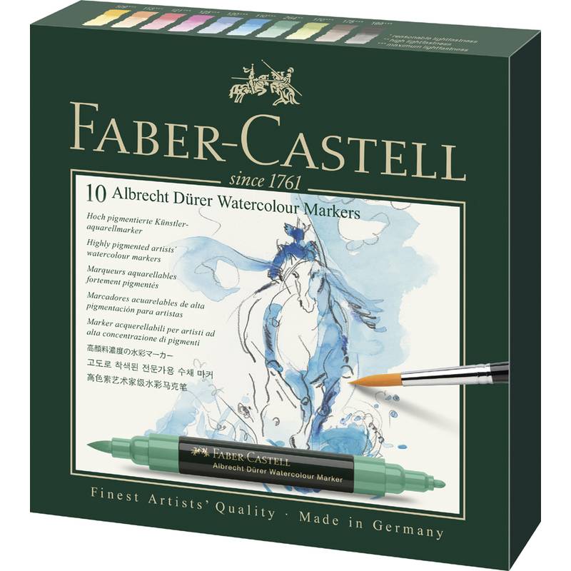 Eine Schachtel mit 10 Faber-Castell Albrecht Dürer Aquarellmarkern, mit einer Pferdeillustration und Details in mehreren Sprachen.