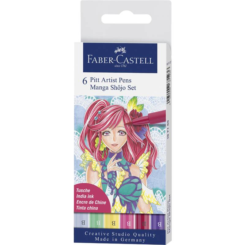 Faber-Castell Pitt Artist Pens Manga Shōjo Set Verpackung zeigt eine Illustration eines farbenfrohen Manga-Mädchens mit Blumen und Schmetterling.