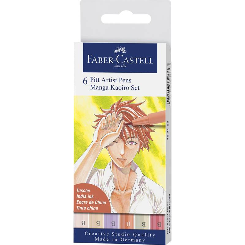 Faber-Castell Pitt Artist Pens Manga Set Verpackung mit einer illustrierten Figur mit rötlich-braunem Haar, die einen Stift hält.