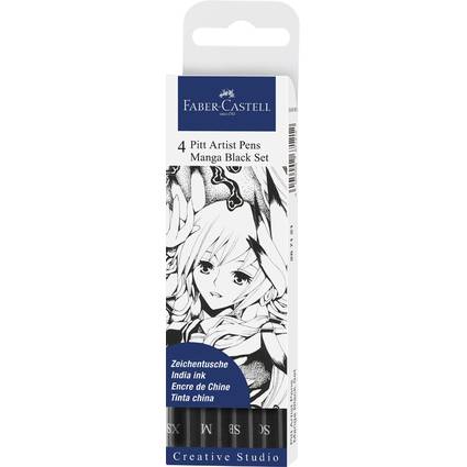 Packung mit Faber-Castell Pitt Artist Pens, Manga Black Set, mit Illustration einer Anime-Stil-Figur. Enthält 4 Stifte.