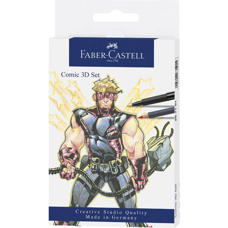 Faber-Castell Comic 3D Set' Verpackung mit einer Zeichnung eines Superhelden-Charakters mit blonden Haaren und Rüstung, der Marker hält.
