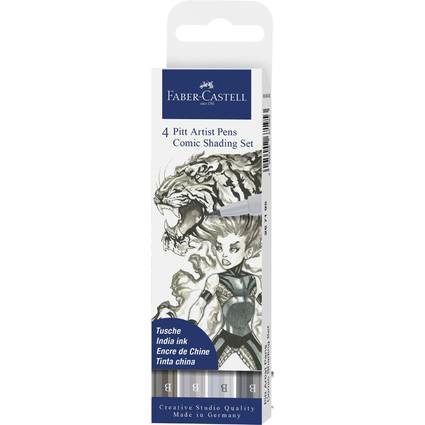Faber-Castell Pitt Artist Pens Comic Schattierungsset Verpackung, mit einer Illustration eines wilden Tigers und einer dynamischen Figur. Made in Germany.