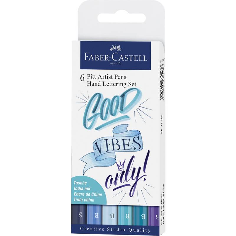 Faber-Castell Pitt Artist Pens Verpackung mit dem Schriftzug 'Good Vibes Only!' geeignet für Handlettering. Enthält sechs Stifte.