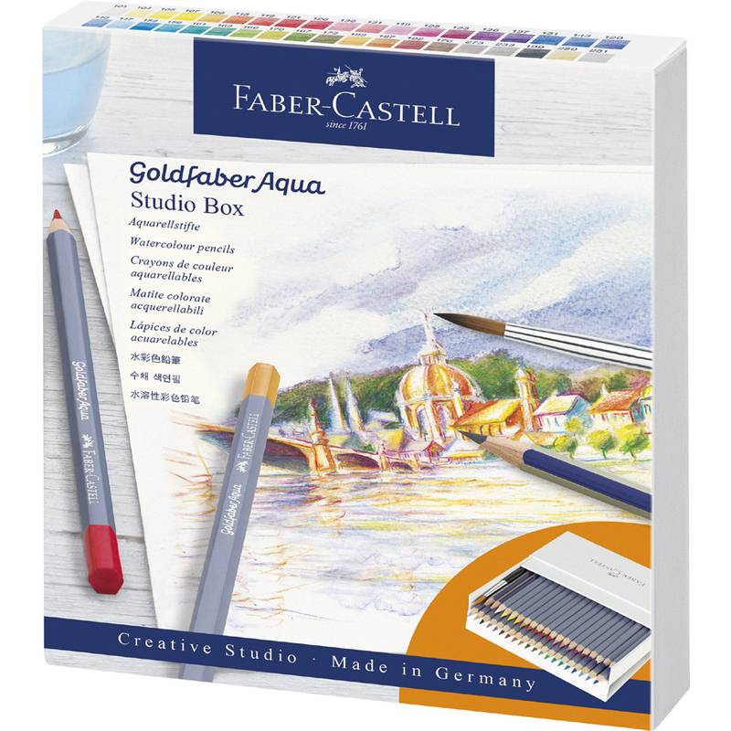 Faber-Castell Goldfaber Aqua Studio Box mit Aquarellstiften in verschiedenen Farben, verpackt mit einer künstlerischen Illustration auf der Verpackung.