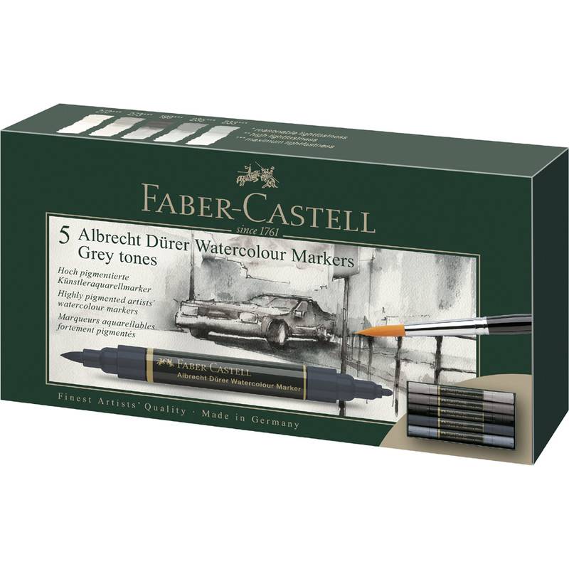 Faber-Castell 5 Albrecht Dürer Aquarellmarker, Grautöne. Enthält hochpigmentierte Graumarker mit Pinsel- und Feinspitze.