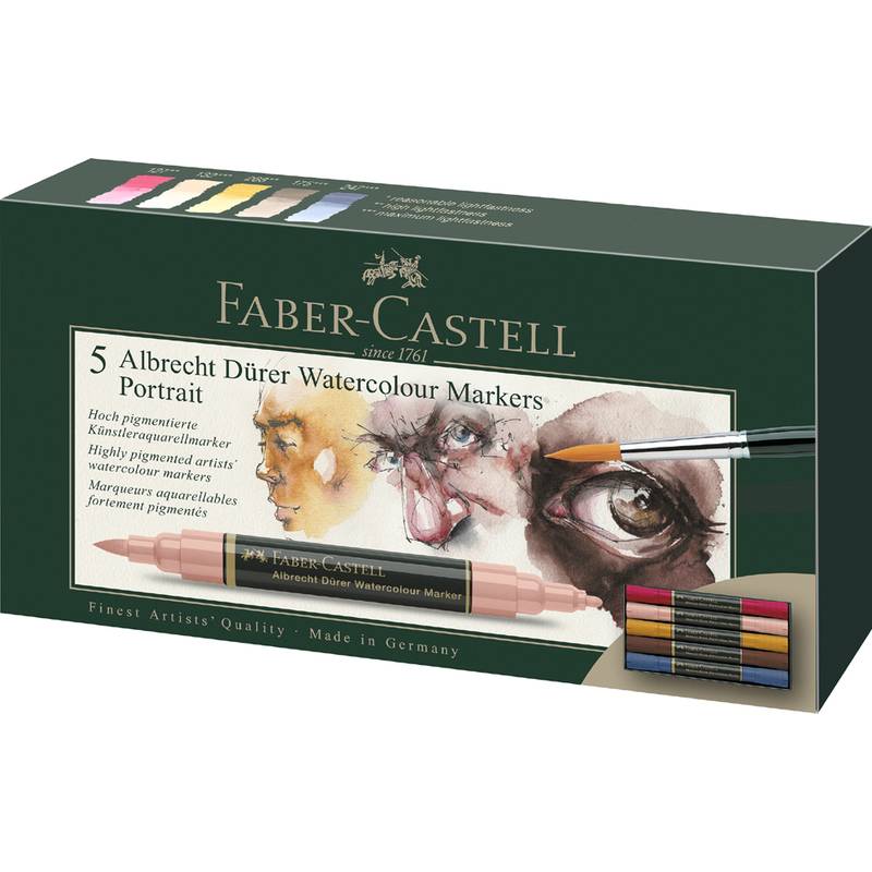 Faber-Castell 5 Albrecht Dürer Aquarellmarker, Portrait. Enthält hochpigmentierte Marker und eine Anleitung zum Malen von Gesichtern mit Pinseln.