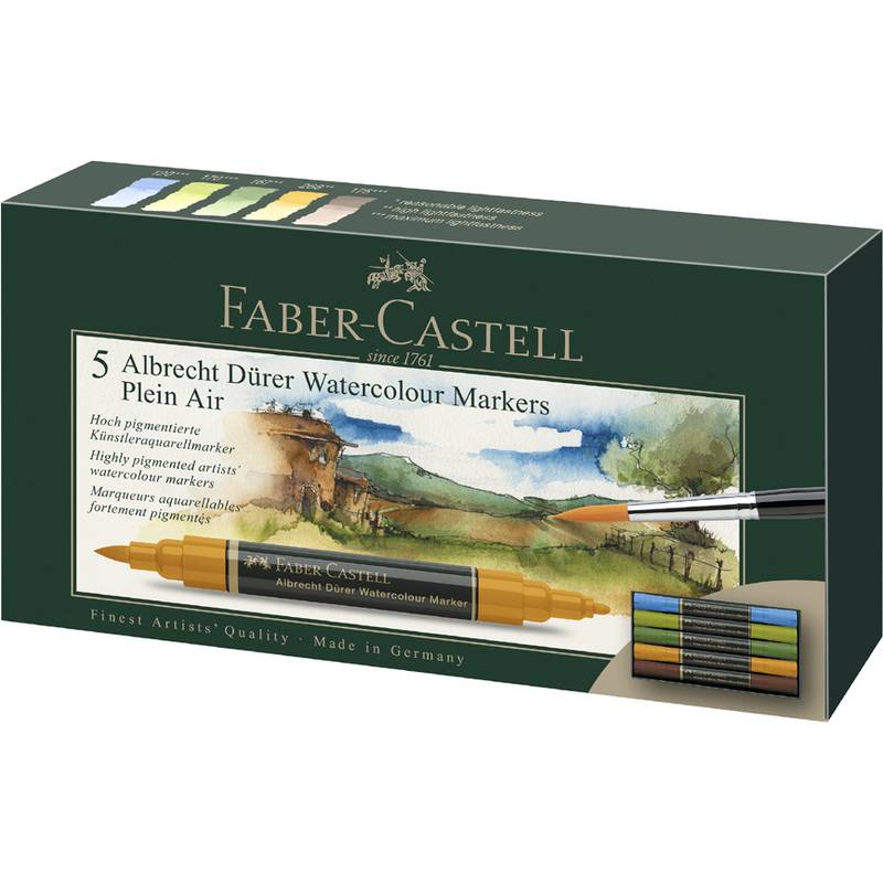 Faber-Castell Aquarellmarker-Set mit 5 Stiften, ein Naturmotiv darstellend. Beschriftet als „Albrecht Dürer Aquarellmarker - Plein Air