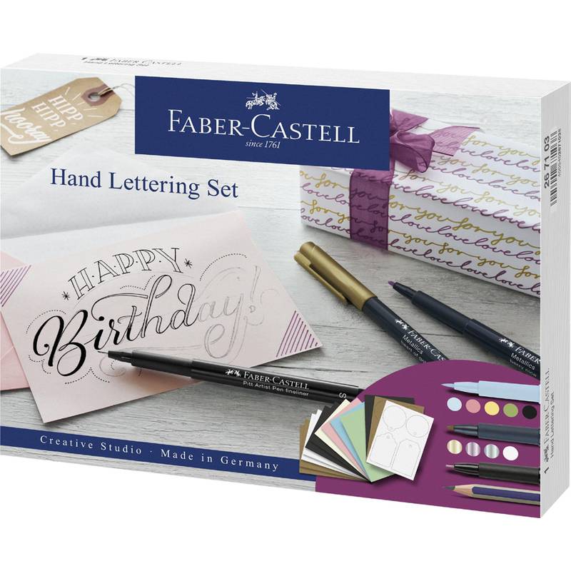 Faber-Castell Hand Lettering Set Schachteln mit Kalligraphiestiften, Übungskarten und einem „Happy Birthday