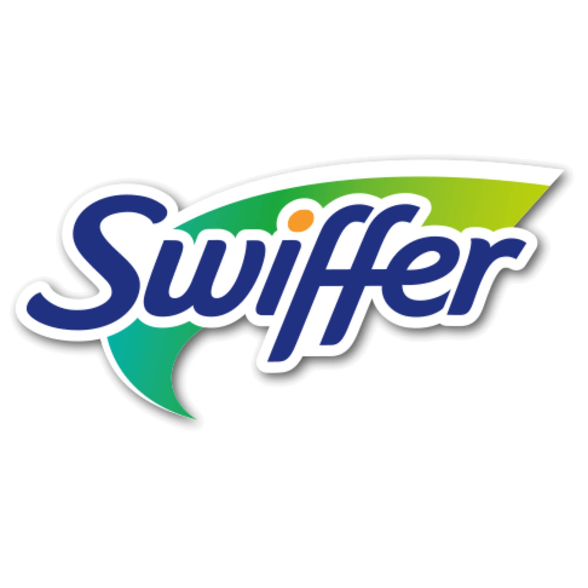 Logo von 'Swiffer' mit stilisierter Schrift und grün-blauen Wischlinien, die Bewegung und Sauberkeit symbolisieren.