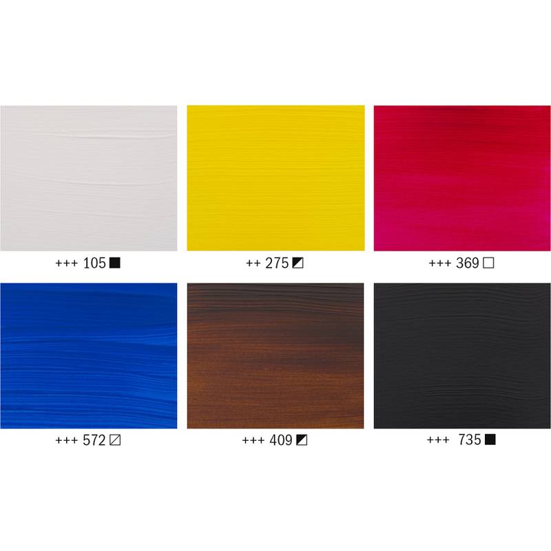 Sechs Quadrate zeigen Farben: weiß, gelb, rot, blau, braun und schwarz, jeweils mit einem Code.