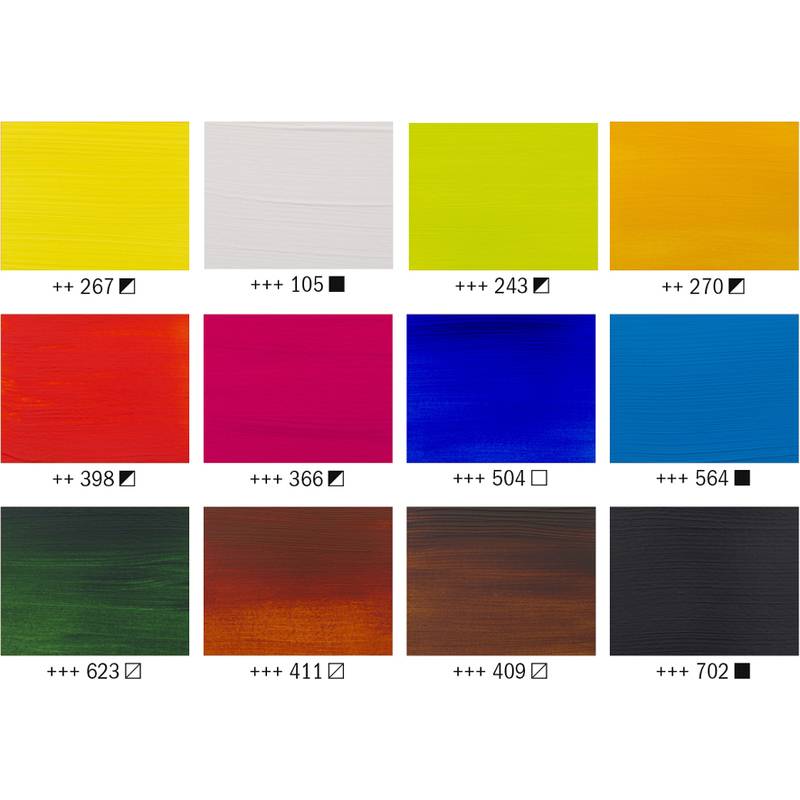 Ein Raster aus 12 farbigen Quadraten, die jeweils mit spezifischen Zahlen und Text beschriftet sind. Die Farben umfassen Gelb, Weiß, Orange, Rot, Pink, Blau, Grün und Schwarz.