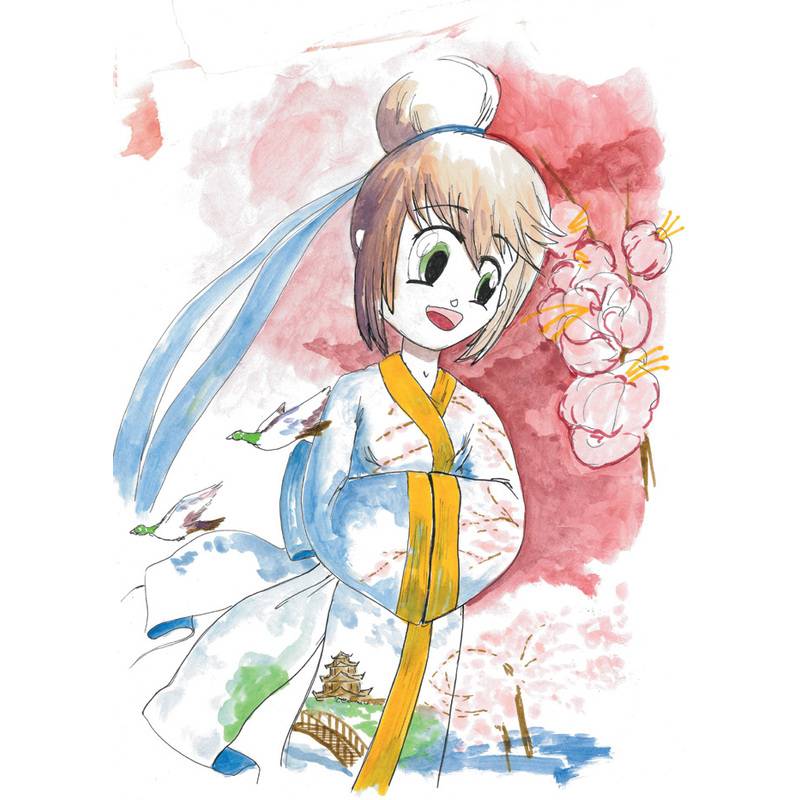 Eine Anime-Figur in traditioneller japanischer Kleidung lächelt, umgeben von Kirschblüten und einer malerischen Kulisse mit Vögeln und einer entfernten Pagode.
