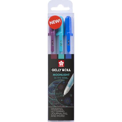 Gelly Roll Moonlight Stift-Set mit drei feinen Spitzen in verschiedenen Farben. Etikett liest: 
