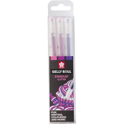 Ein Set mit drei Gelly Roll Stardust Glitzerstiften in Violett- und Rosatönen, mit Verpackung, die hervorhebt: 