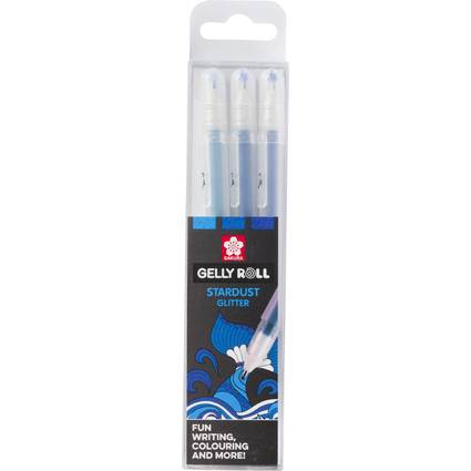 Packung mit drei Gelly Roll Stardust Glitzer-Stiften mit weißen Kappen und transparenten Gehäusen, entwickelt für unterhaltsames Schreiben, Ausmalen und mehr.