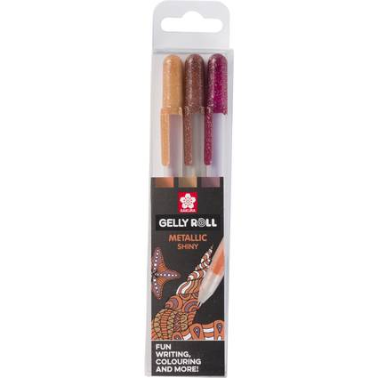 Packung mit drei metallischen Gelly Roll Stiften in Braun-, Orange- und Bordeauxrot-Tönen mit dekorativer Kunst. Text lautet: 