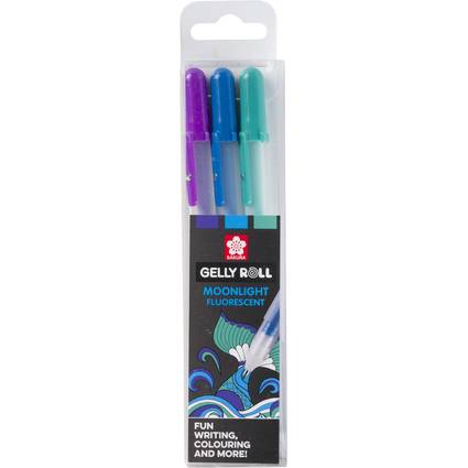 Ein Set von drei Gelly Roll Moonlight Leuchtstiften in Lila, Blau und Grün. Die Verpackung zeigt lebendige Wellendesigns am unteren Rand.