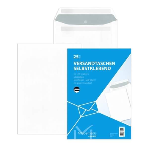 Versandtasche C4 selbstklebend ohne Fenster weiß 25 Stück