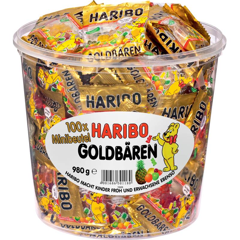 Transparenter Kunststoffbehälter gefüllt mit 100 HARIBO Goldbären Mini-Süßwarenpaketen, gekennzeichnet mit 980 g und dem gelben Bärenmaskottchen.