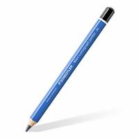Blauer Holzstift mit schwarzer Radiergummispitze, diagonal auf weißem Hintergrund dargestellt.