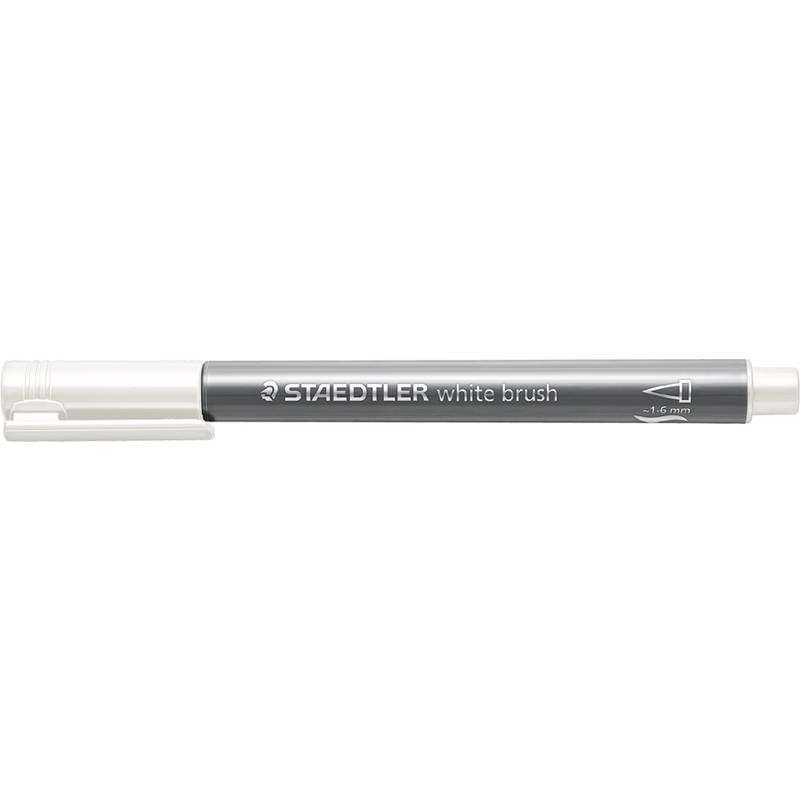 Ein grauer Staedtler Weißpinselstift mit Kappe, beschriftet mit 'weißer Pinsel' und '1-6 mm'.