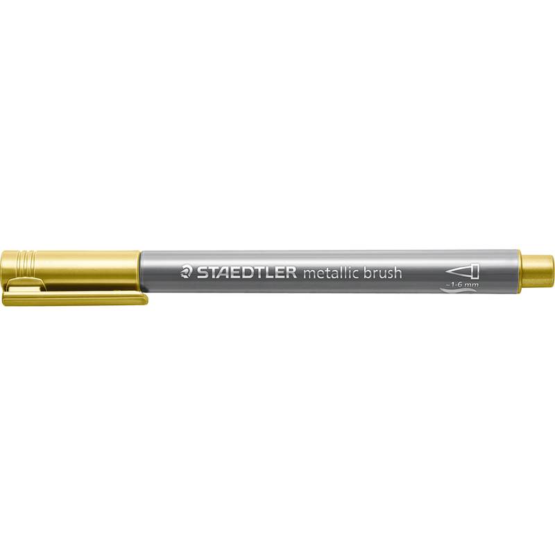 Ein metallfarbener Pinselfüller mit goldener Kappe und Spitze, beschriftet mit „STAEDTLER Metallic Brush 1-6 mm