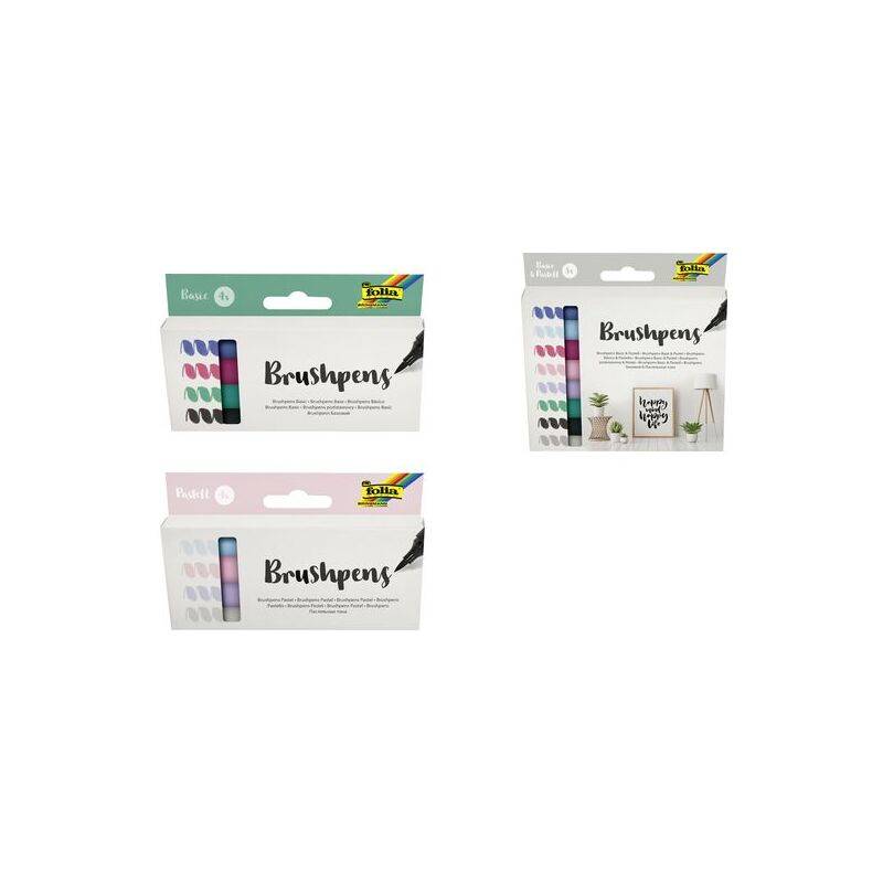 Drei Packungen 'Bruspens' in verschiedenen Farben. Jede Packung enthält mehrere Stifte. Die Beschriftung einer Packung beinhaltet 'Happy Vibes' Grafik.