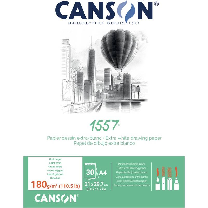 Canson 1557 extra white Zeichenpapierblock, A4, 180g/m², gezeigt mit einer Stadtskizze und Kunstwerkzeug-Symbolen.