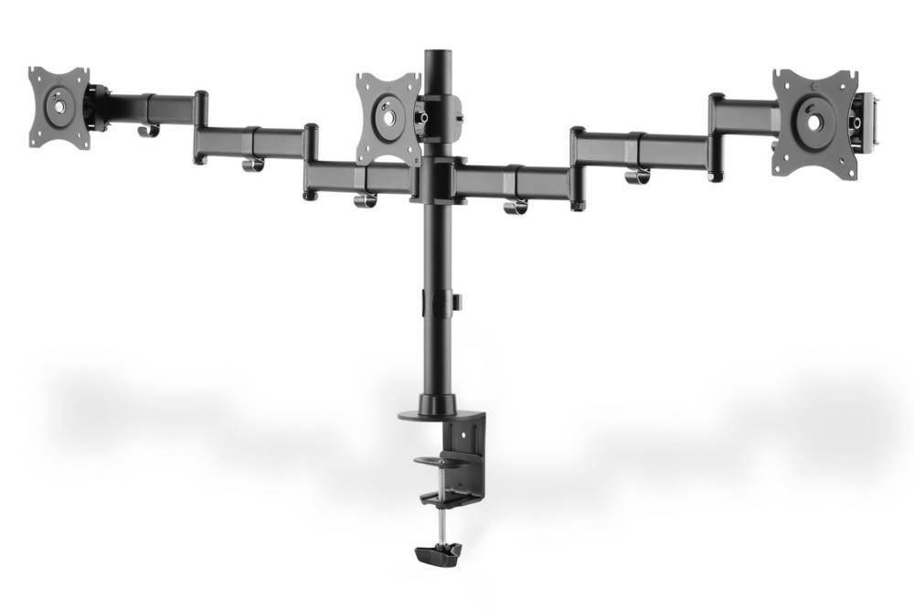 Dreifach-Monitorhalterung mit verstellbaren Armen, Klemmfuß und VESA-Kompatibilität, entwickelt für ergonomische Bildschirmanordnung und Platzersparnis.