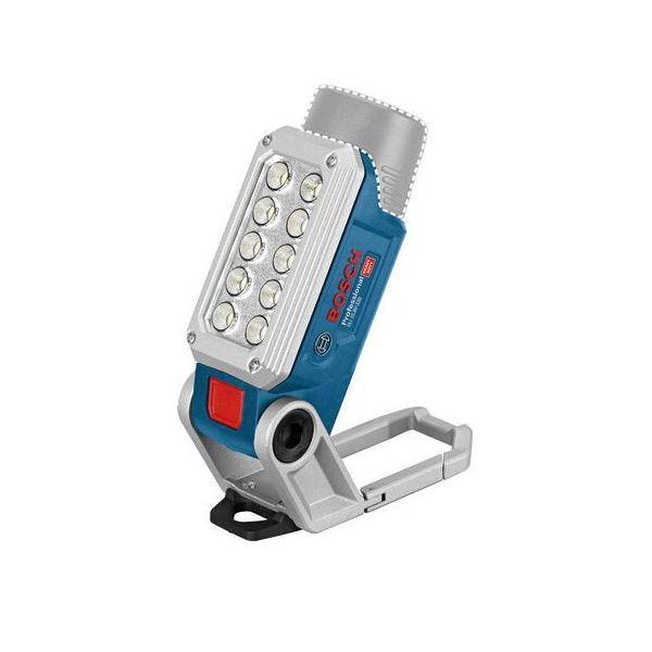 BOSCH Professional' Arbeitsleuchte mit mehreren LEDs, verstellbarer Basis und einem großen rosa Einschaltknopf auf einem grauen und blauen Gehäuse.