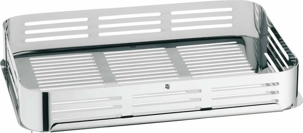 Eine Grillpfanne aus Edelstahl mit Lochung und erhöhtem Rand, in deren Mitte das 'WMF'-Logo angebracht ist.