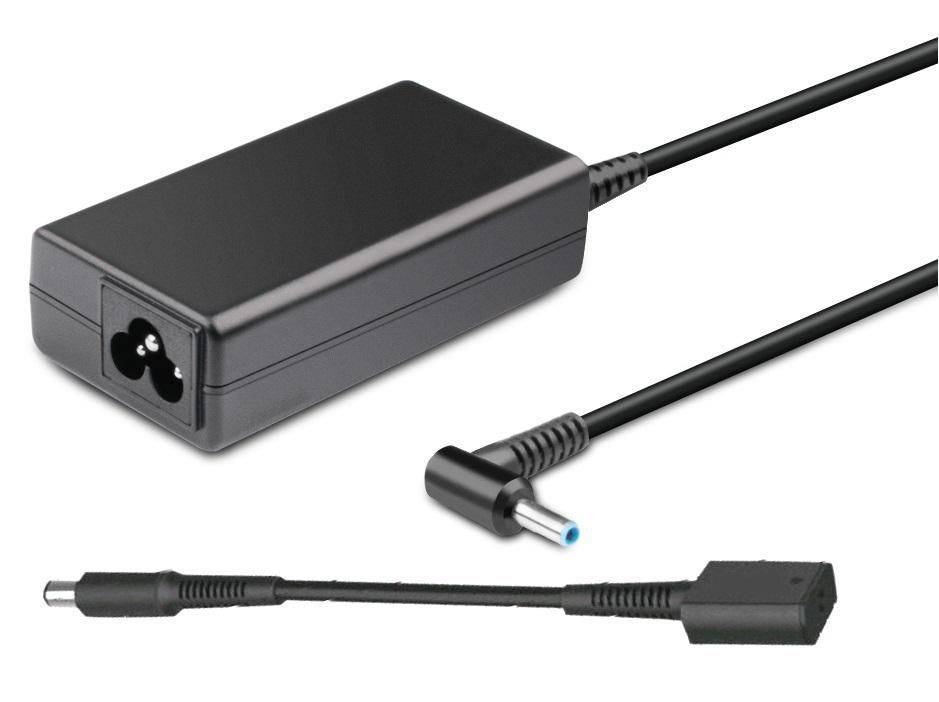 Ein schwarzer Laptop-Stromadapter mit abnehmbarem Kabel. Die Spitze des Kabels ist abgewinkelt mit einem blauen Ring. Der Adapter hat eine dreipolige Buchse.