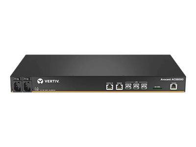 Ein schwarzer Vertiv Avocent Switch mit mehreren Netzwerkports auf der Frontplatte, verwendet zur Verwaltung mehrerer verbundener Geräte.