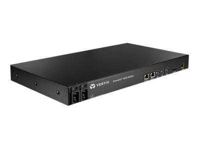 Ein schwarzer Vertiv-Netzwerkswitch mit der Bezeichnung 'Avocent ACS 8000', ausgestattet mit Eingangseingängen und Konnektivitätsoptionen, der für das IT-Infrastrukturmanagement verwendet wird.