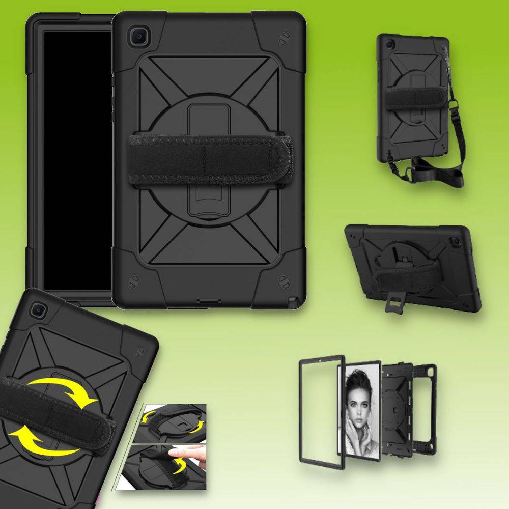 Für Samsung Galaxy Tab A7 10.4 2020 T500 / T505 aufstellbare Outdoor Hybrid Schwarz 360 Grad mit Halte-Schlaufe Tablet Tasche Etuis Cover Case Schutz