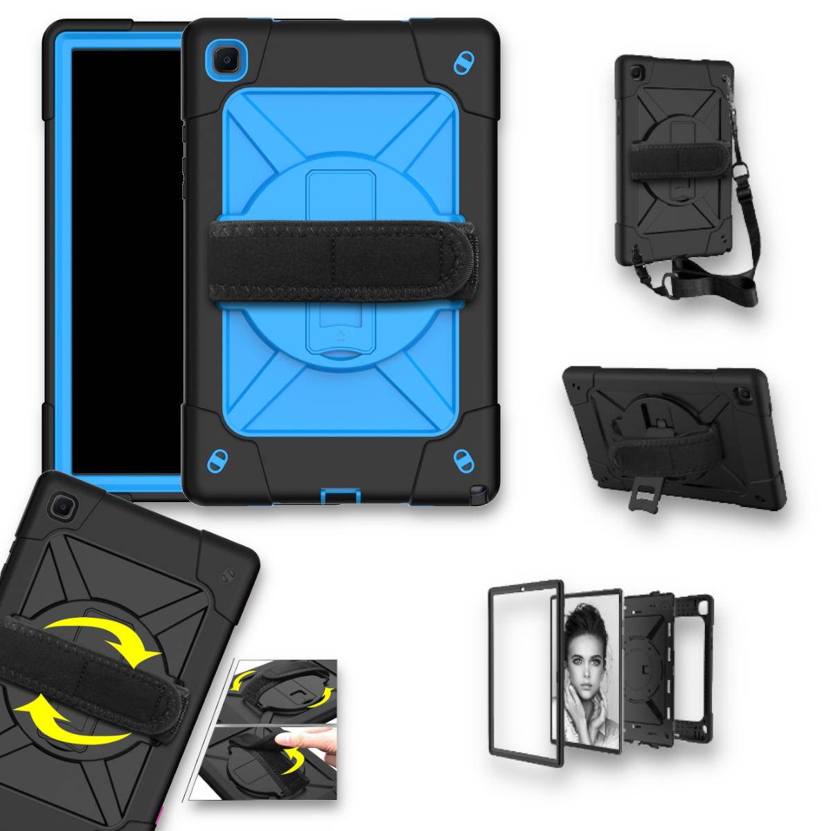 Für Samsung Galaxy Tab A7 10.4 2020 T500 / T505 aufstellbare Outdoor Hybrid Schwarz-Blau 360 Grad mit Halte-Schlaufe Tablet Tasche Etuis Cover Case S