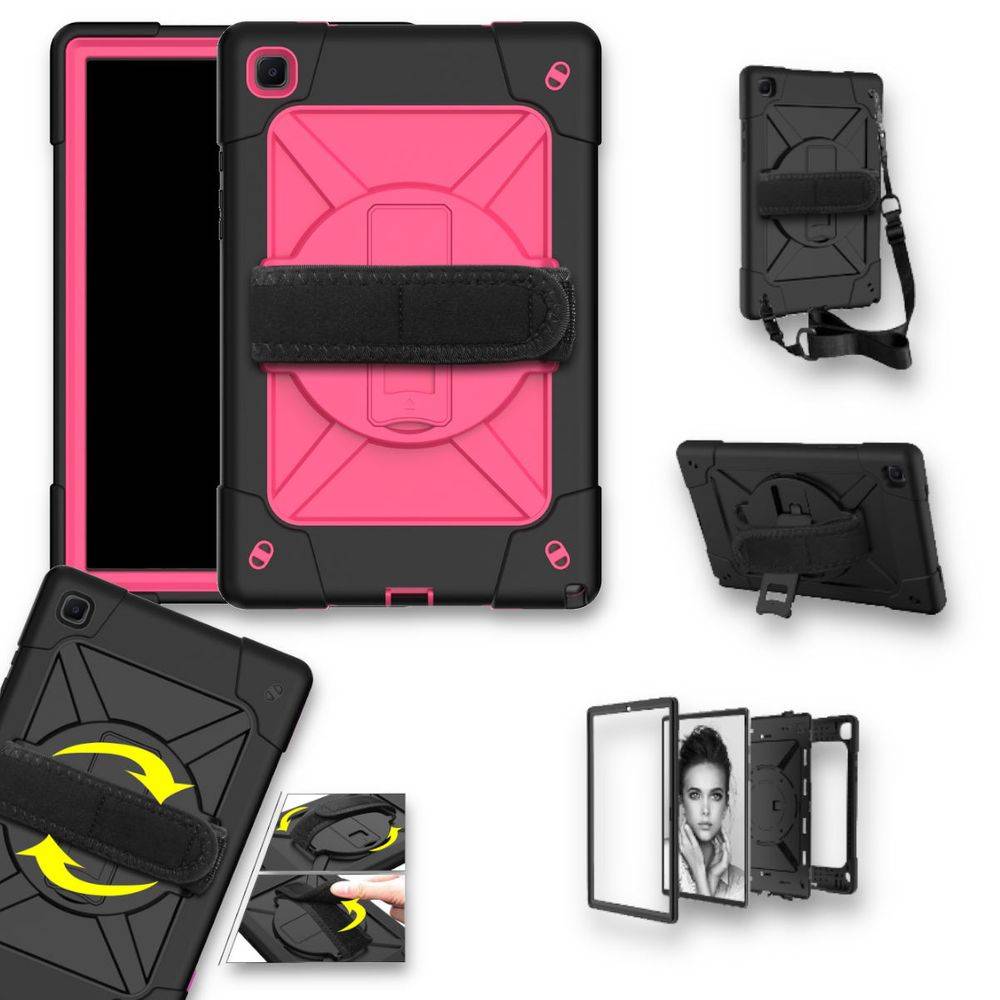 Für Samsung Galaxy Tab A7 10.4 2020 T500 / T505 aufstellbare Outdoor Hybrid Schwarz-Pink 360 Grad mit Halte-Schlaufe Tablet Tasche Etuis Cover Case S
