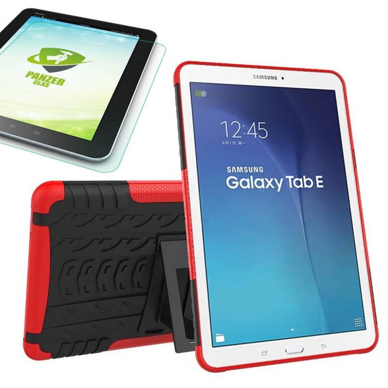 Hybrid Outdoor Tasche Rot für Samsung Galaxy Tab E 9.6 SM T560 + 0.4 Hartglas