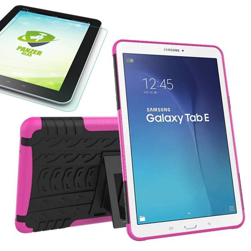 Hybrid Outdoor Tasche Pink für Samsung Galaxy Tab E 9.6 SM T560 + 0.4 Hartglas