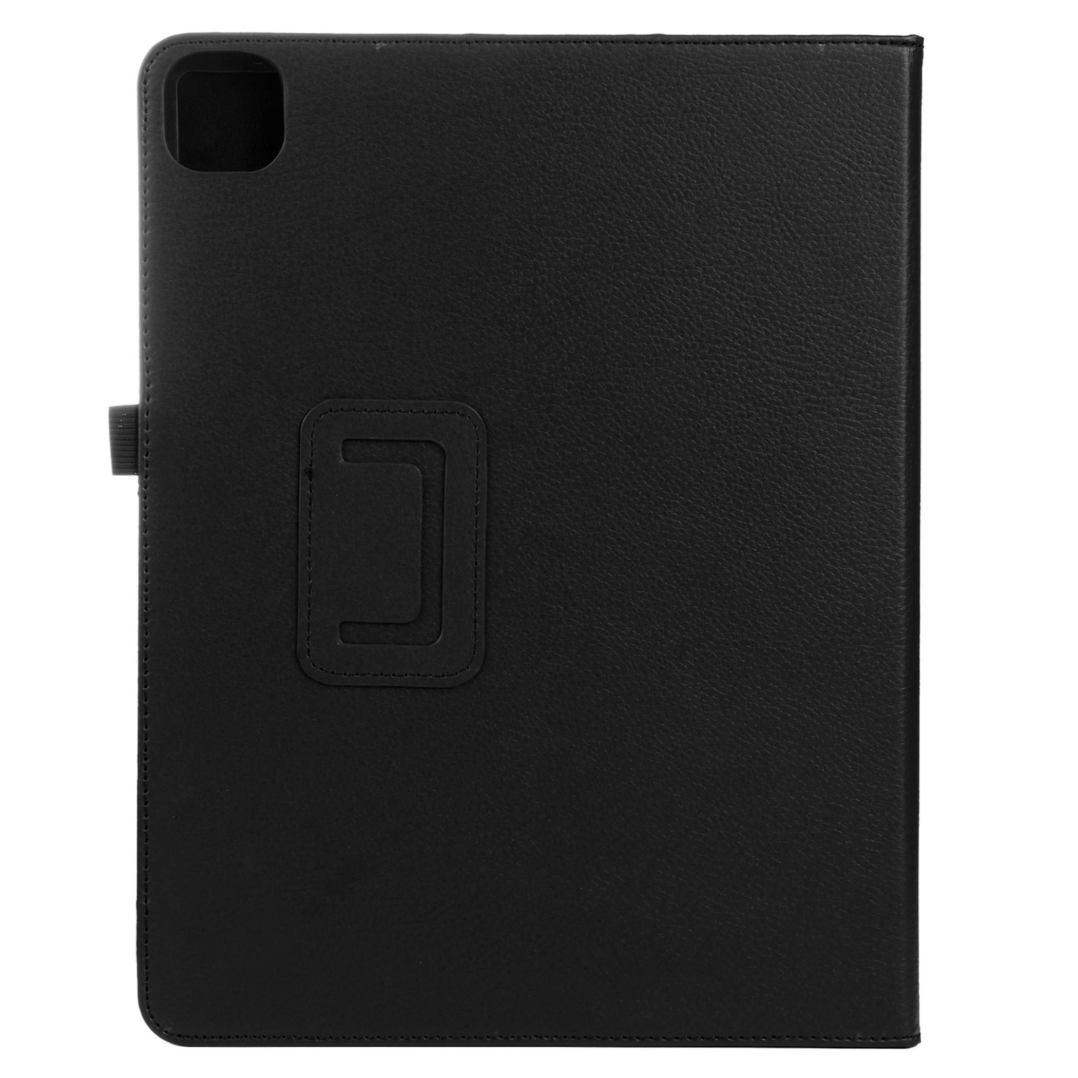 Schwarze Ledertablet-Schutzhülle mit Kameraausschnitt, geschlossenem Deckel und Handschlaufe auf der Rückseite.