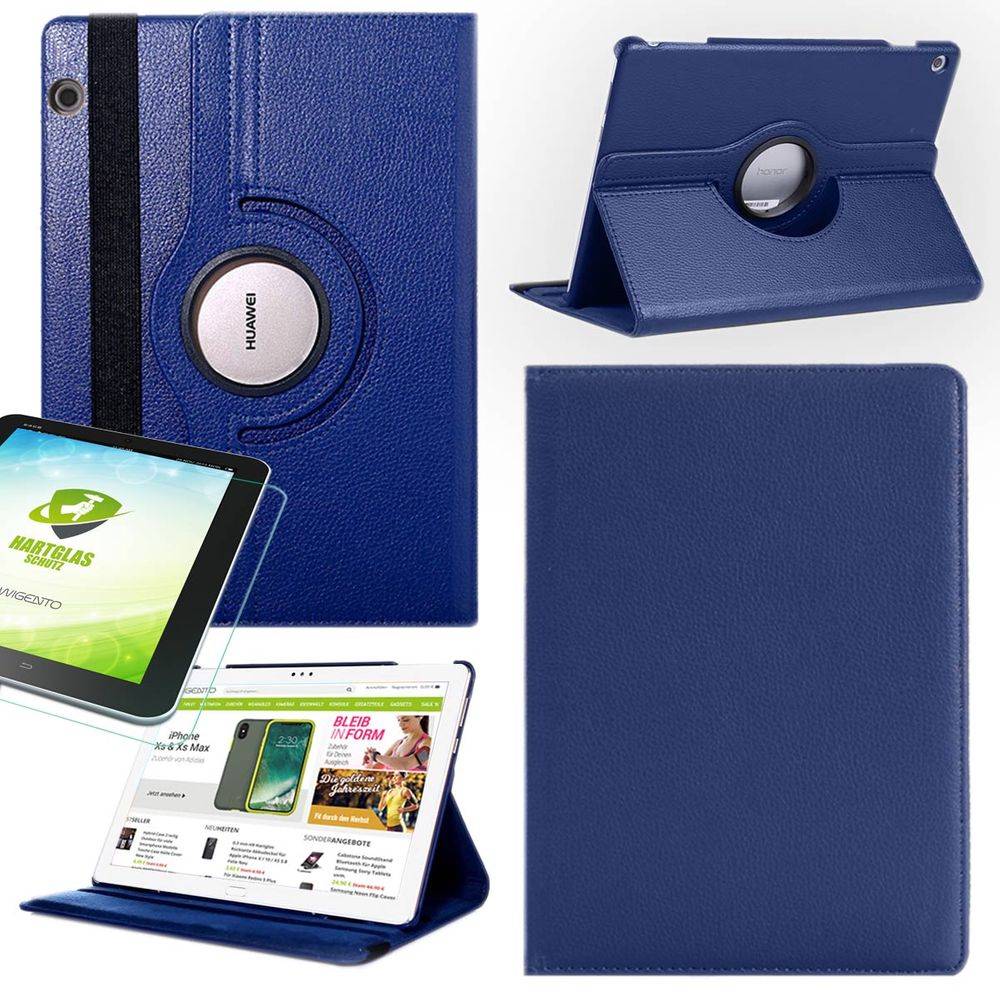 Für Huawei MediaPad M5 Lite 10.1 Zoll 360 Grad Hülle Cover Tasche Dunkelblau Kunst Leder Case Neu + 0,3 mm Hart Glas