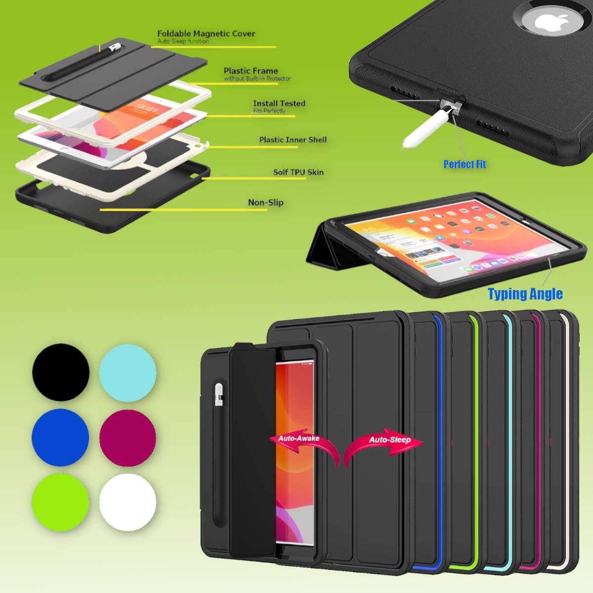 Für Apple iPad 10.2 Zoll 2019 / 2020 / 2021 7. / 8. / 9. Generation aufstellbare Outdoor Hybrid Wake UP mit Stift Öffnung Tablet Tasche Etuis Cover