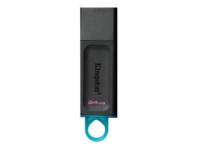 Schwarzes Kingston 64GB USB-Flashlaufwerk mit einer türkisfarbenen Schleife auf weißem Hintergrund.