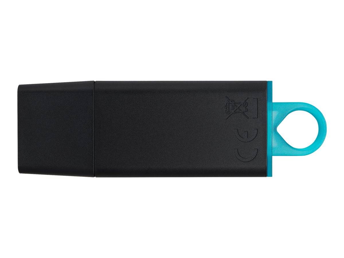 Schwarzes rechteckiges USB-Speicherlaufwerk mit einer türkisfarbenen Schlaufenlasche auf der rechten Seite, dargestellt auf weißem Hintergrund.