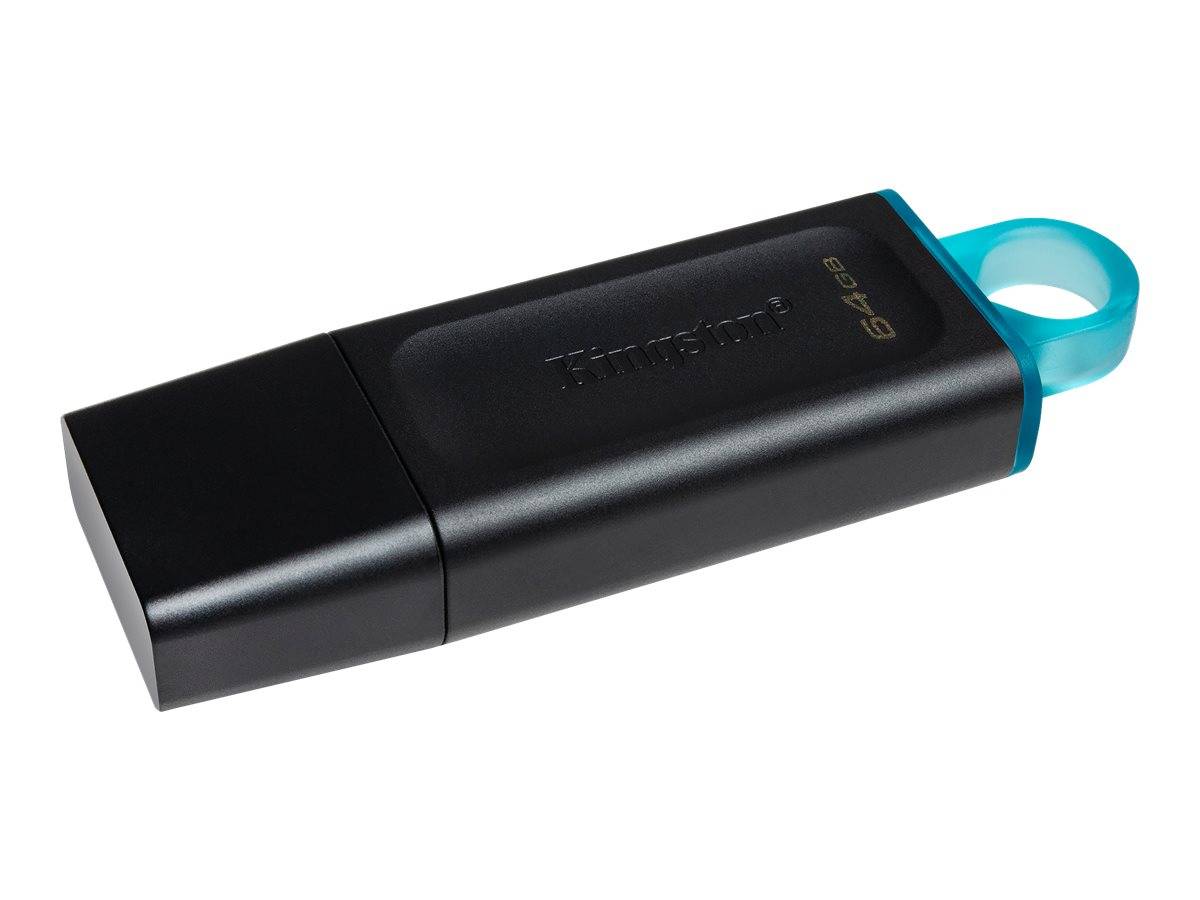 Schwarzes Transcend USB-Speicherlaufwerk mit türkisfarbenem durchsichtigem Schlüsselring, gezeigt auf weißem Hintergrund.