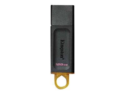 Kingston schwarzes 128GB USB-Speicherlaufwerk mit gelbem Schlüsselanhänger auf weißem Hintergrund
